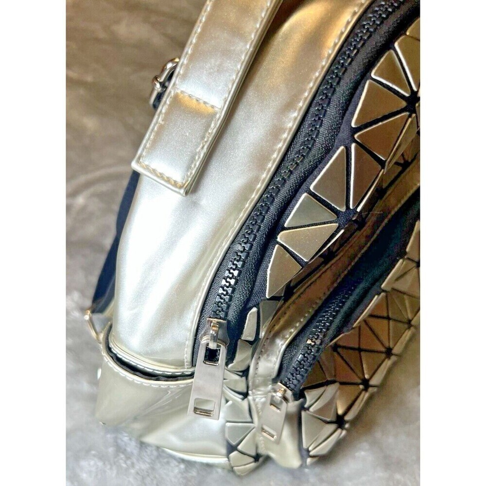 Sondra Roberts Squared Silver Metallic Geometric Pattern Mini Backpack Bag - Picture 11 of 15